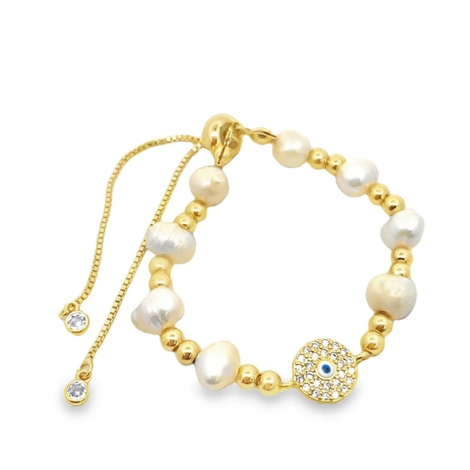 Evil Eye Protection Bracelet Round Freshwater Pearl With Adjustable Beaded